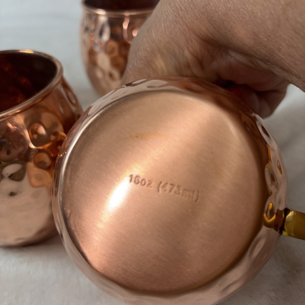 Solid Copper Classic Hammered Moscow Mule Cups Set of 4 Brass Handles Patina GUC - Picture 6 of 12